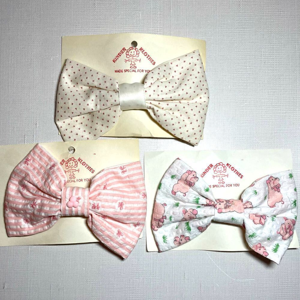 Vintage 80s Girls Fabric Hairbows New Old Stock Green Pink Pigs Easter Spring